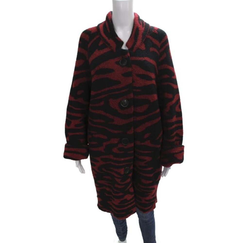 Rabens Saloner Women Black Animal Print Overcoat Button Long Sleeve Size S